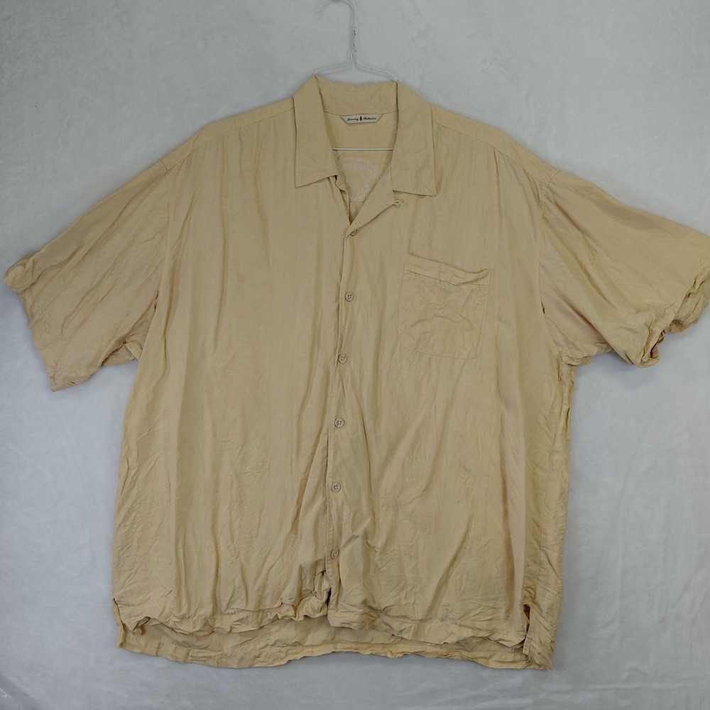 Tommy‎ Bahama Mens XXL Yellow Silk Linen Jacquard Short Sleeve Camp Shirt